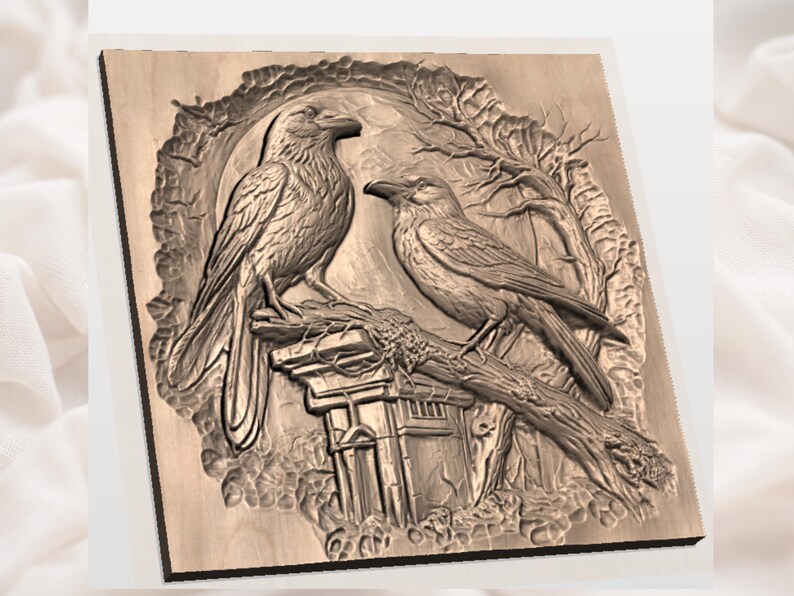 Raven Pair 3D STL Relief Panel view 2