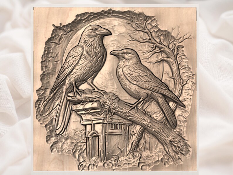 Raven Pair 3D STL Relief Panel view 3
