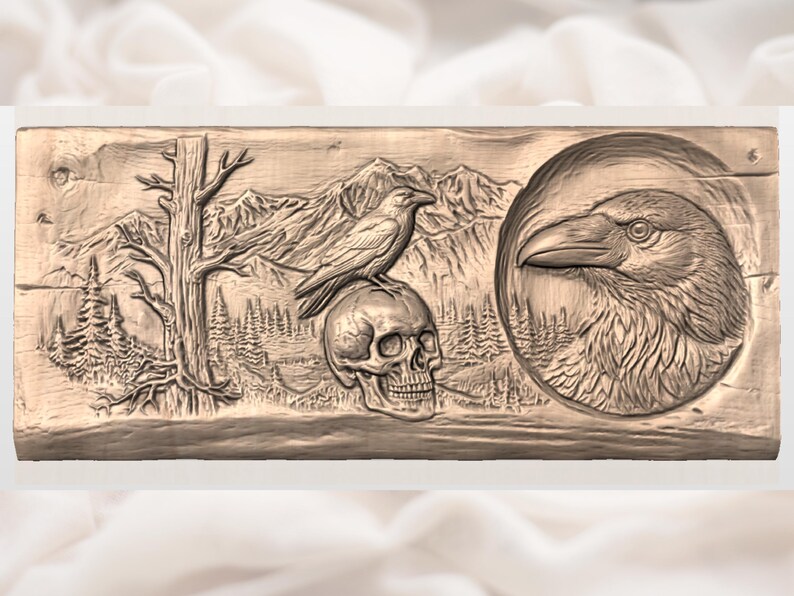 Raven Skull Relief STL view 2