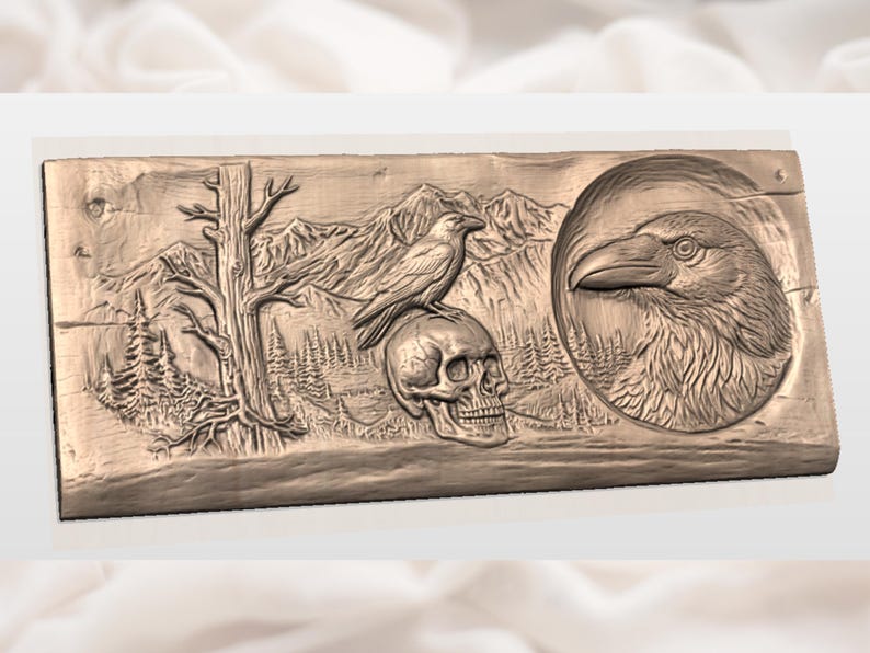 Raven Skull Relief STL view 3