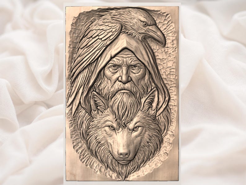 Norse Raven and Wolf Shaman Bas Relief STL view 3