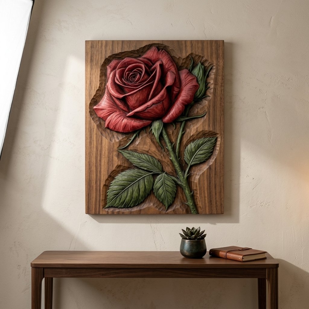 Red Rose Floral Wood Carving CNC Relief STL view 6