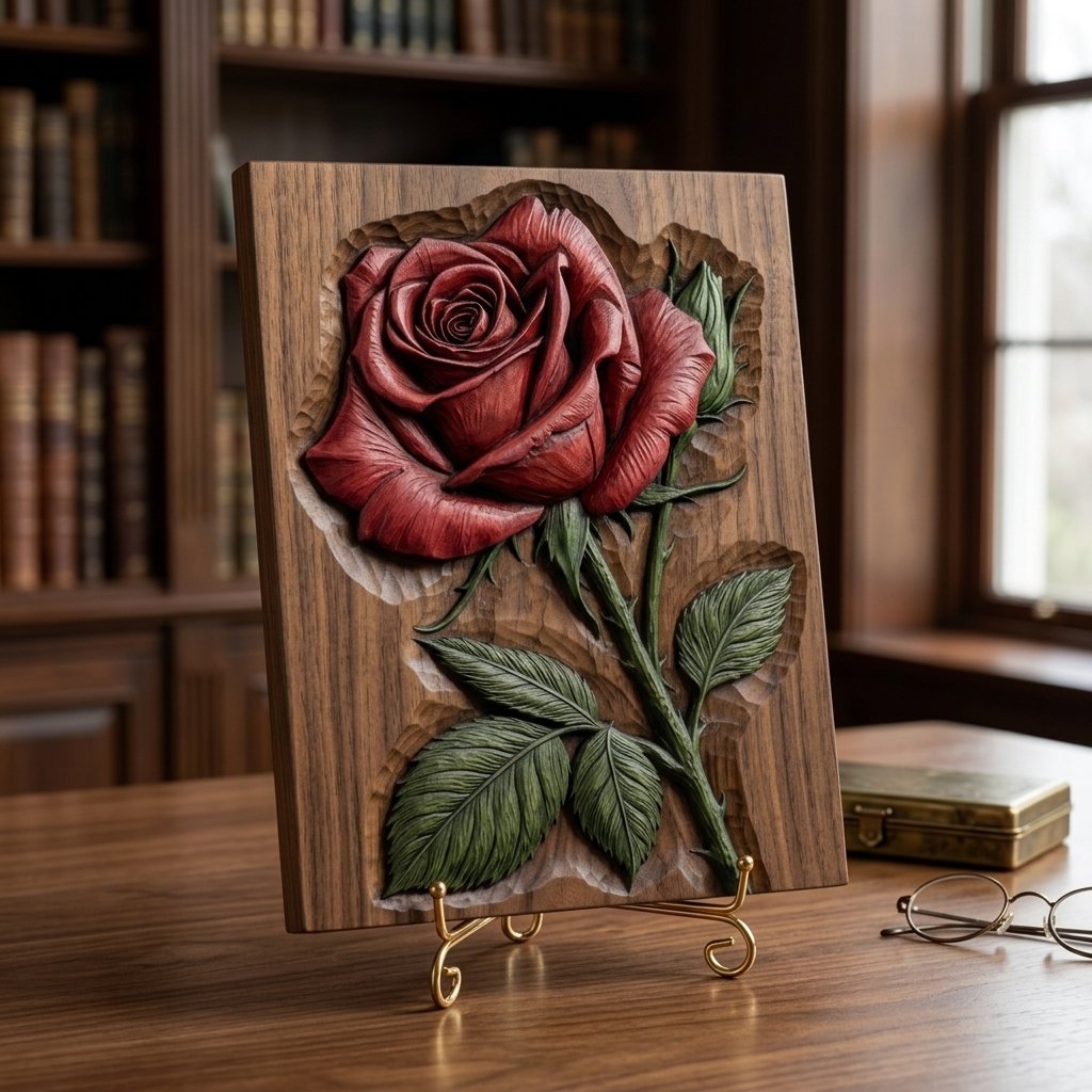 Red Rose Floral Wood Carving CNC Relief STL view 7