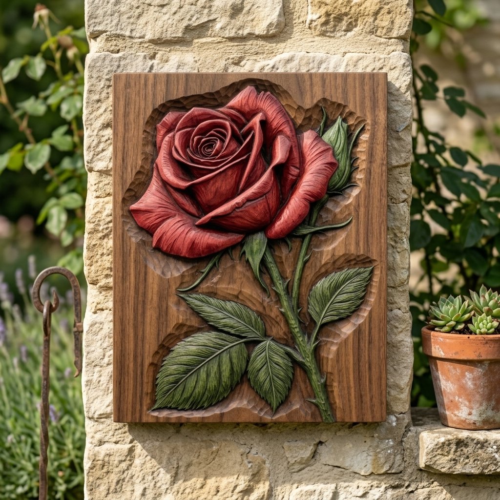 Red Rose Floral Wood Carving CNC Relief STL view 8