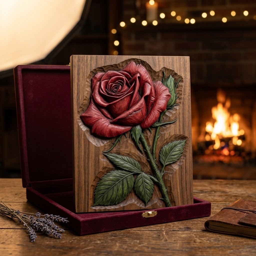 Red Rose Floral Wood Carving CNC Relief STL view 9