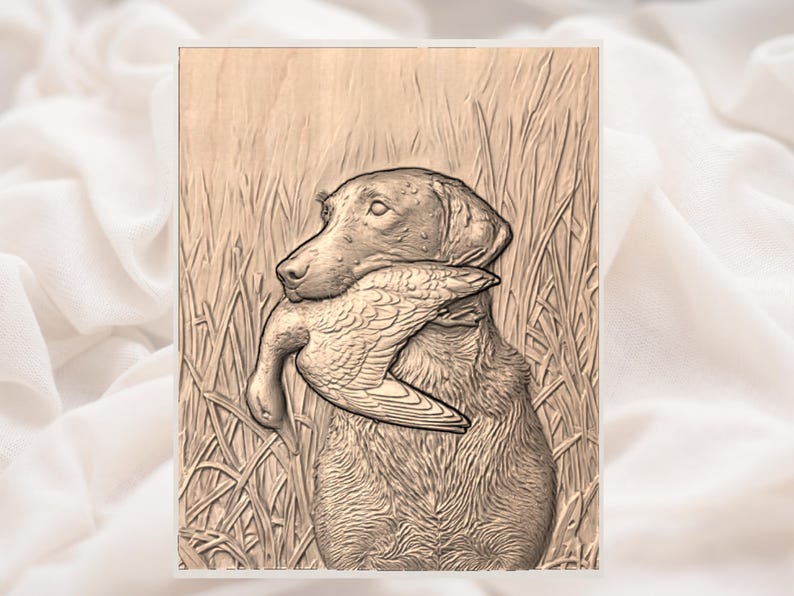 Retriever With Duck 3D Relief STL view 2