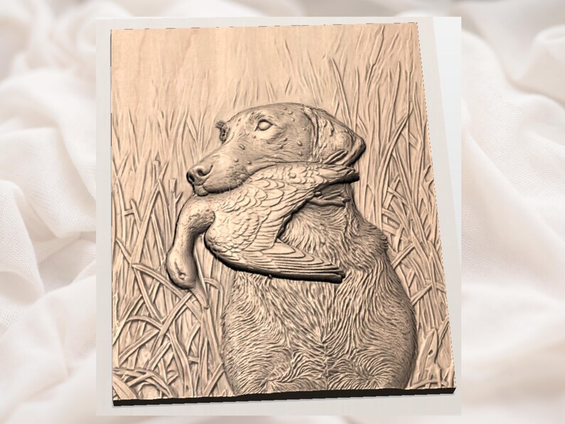 Retriever With Duck 3D Relief STL view 3