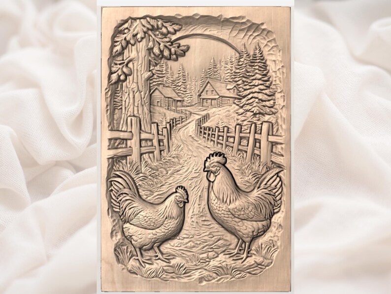 Rooster and Hen Farmhouse Bas Relief STL view 3