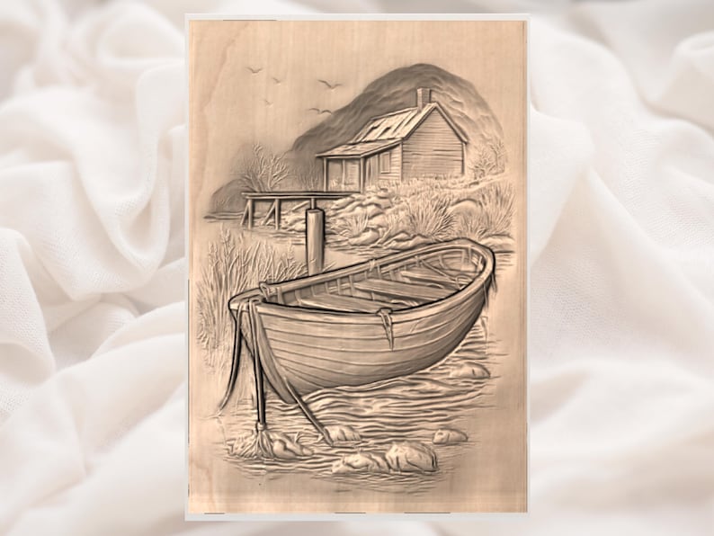 Rowboat Lake Cabin 3D Relief STL view 3
