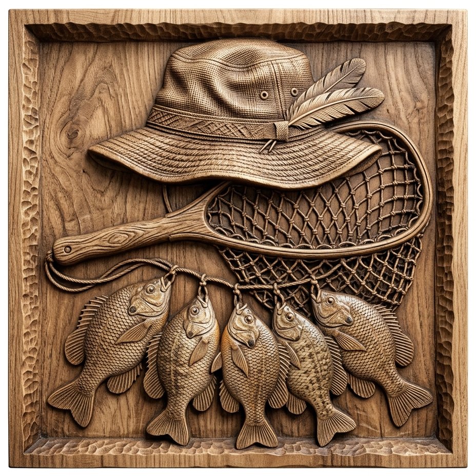 Rustic Angler Fisherman Scene with Sunfish Stringer CNC Relief STL