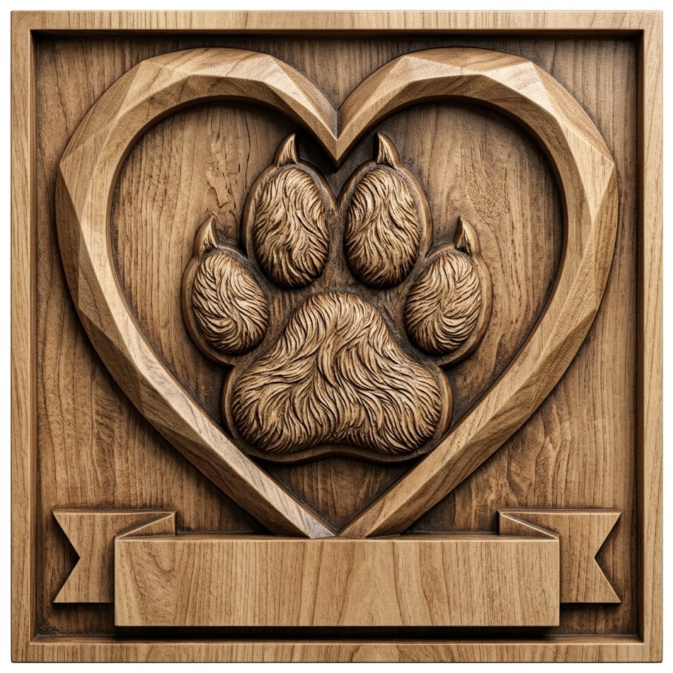 Rustic Dog Paw Heart Memorial CNC Relief STL bas-relief STL design