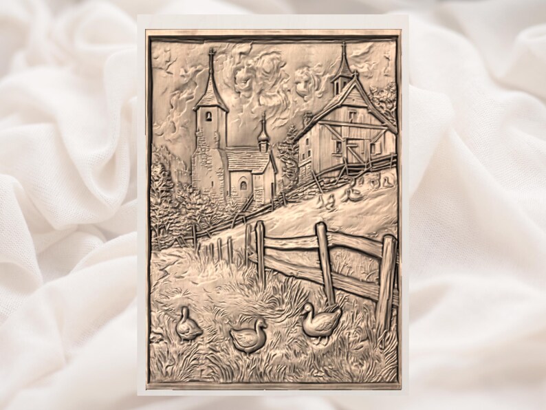 Rustic Farm Village 3D Relief STL view 3