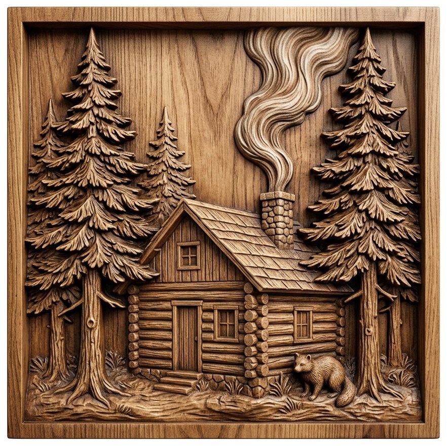 Rustic Log Cabin Forest Scene CNC Relief STL bas-relief STL design
