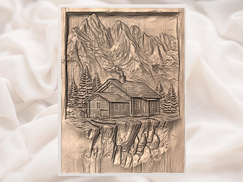 Rustic Log Cabin Mountain 3D Relief STL view 3
