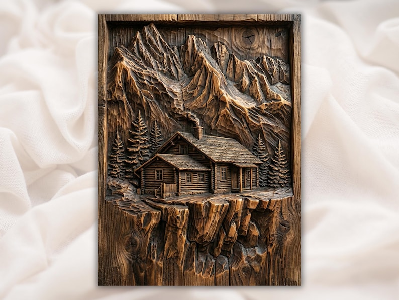 Rustic Log Cabin Mountain 3D Relief STL bas-relief STL design