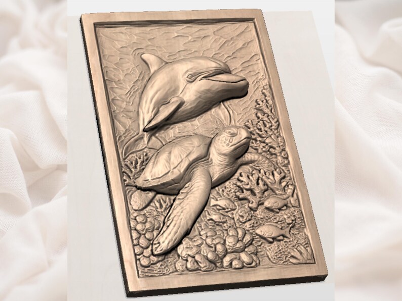 Sea Turtle & Dolphin 3D Relief STL view 2