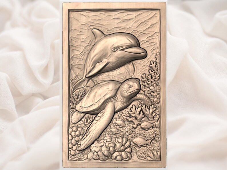 Sea Turtle & Dolphin 3D Relief STL view 3