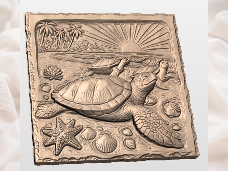 Sea Turtle Beach Scene 3D Relief STL for CNC Router view 2