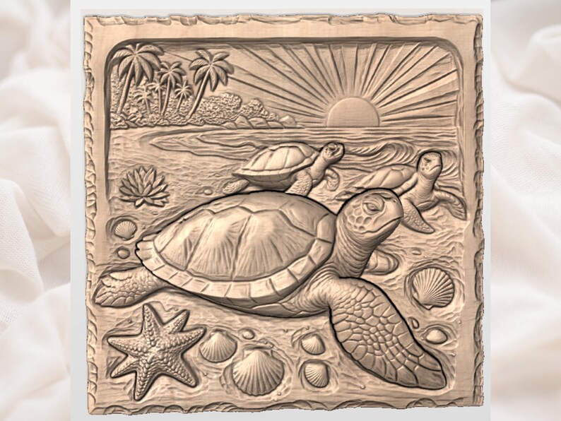 Sea Turtle Beach Scene 3D Relief STL for CNC Router view 3