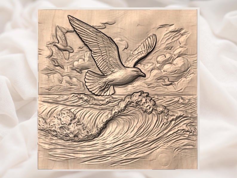 Seagull Ocean Waves 3D Relief STL File view 3