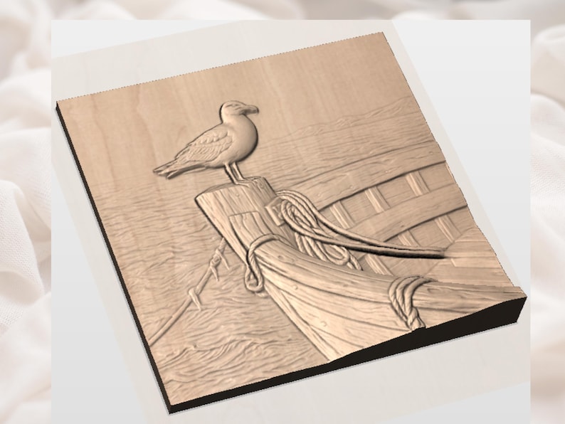 Seagull on Boat 3D Relief STL view 3