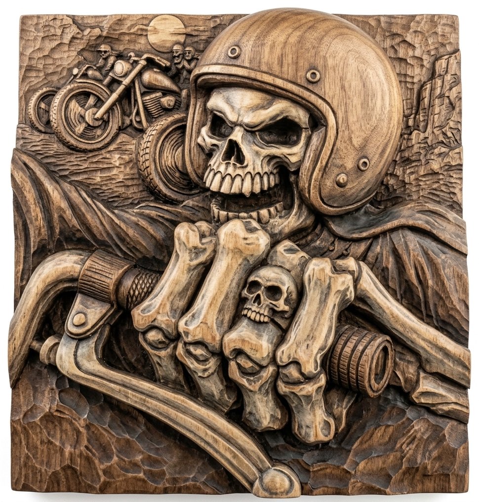 Skeletal Outlaw Biker Motorcycle Scene CNC Relief STL bas-relief STL design