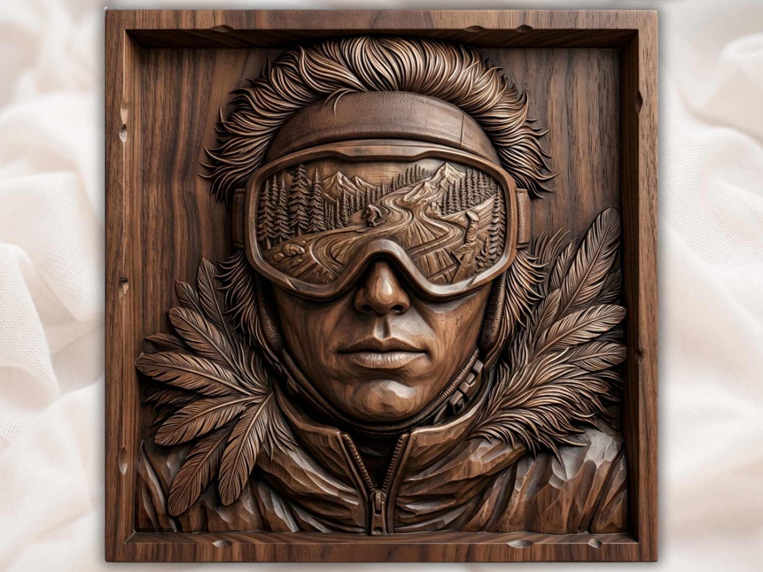 Skier Portrait Mountain Goggles CNC Relief STL view 3