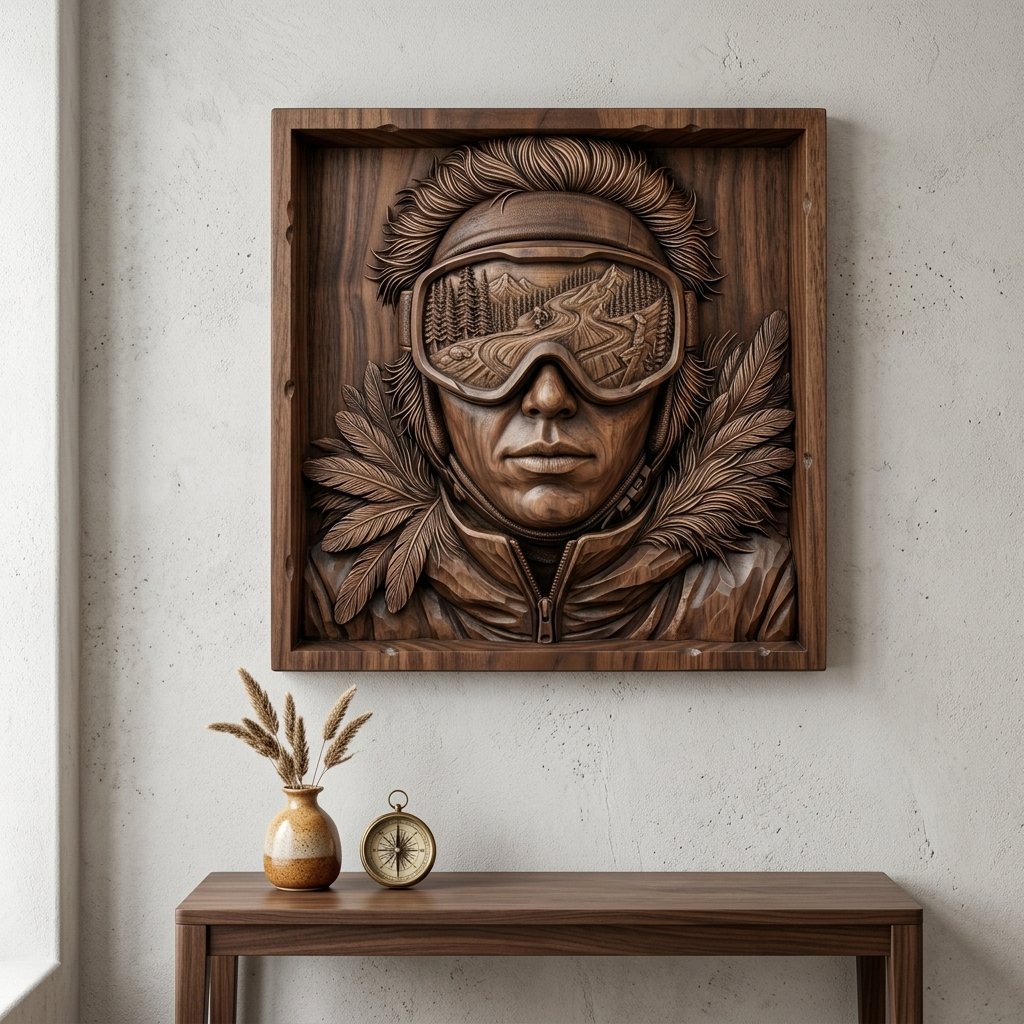 Skier Portrait Mountain Goggles CNC Relief STL view 6