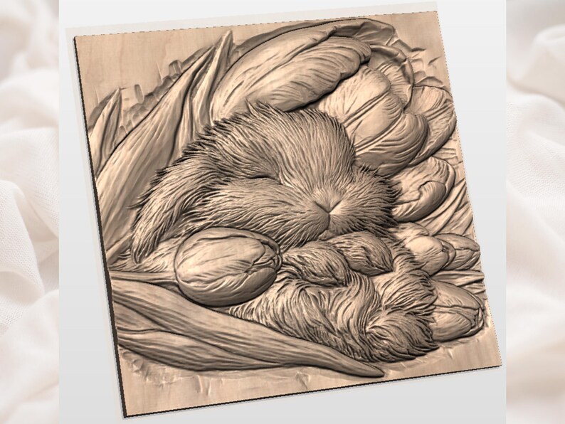 Sleeping Bunny with Tulips 3D STL Relief view 3