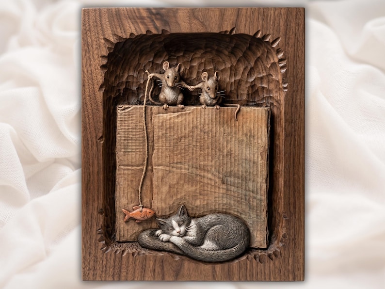 Sleeping Cat , Fish  and Mice Relief STL bas-relief STL
