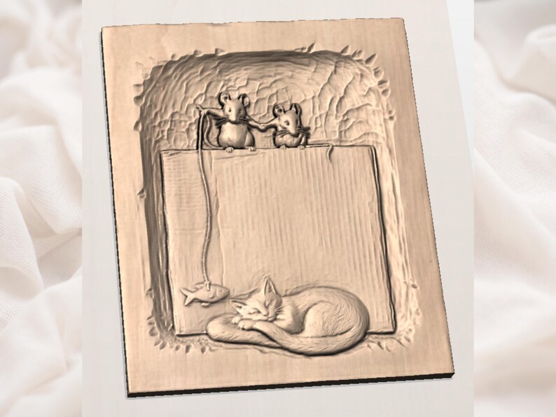Sleeping Cat , Fish  and Mice Relief STL view 2