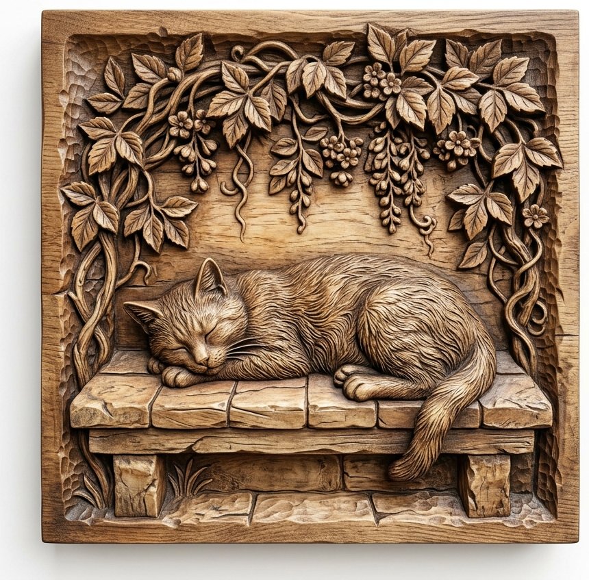 Sleeping Cat Garden Bench Wood Wall Art CNC Relief STL bas-relief STL design