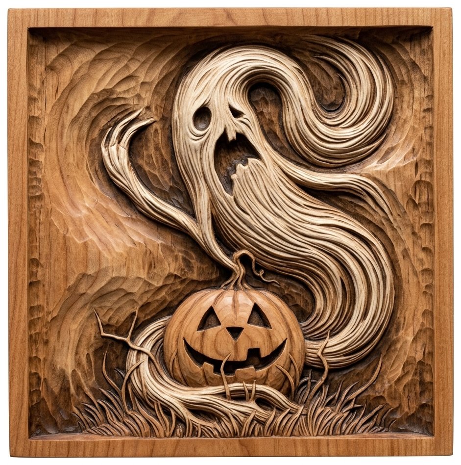 Spooky Halloween Ghost Pumpkin Scene CNC Relief STL bas-relief STL design