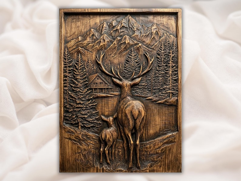 Stag and Fawn 3D STL File bas-relief STL