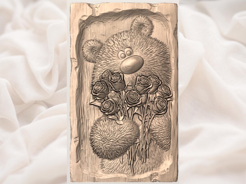 Teddy Bear with Roses 3D Relief STL view 2