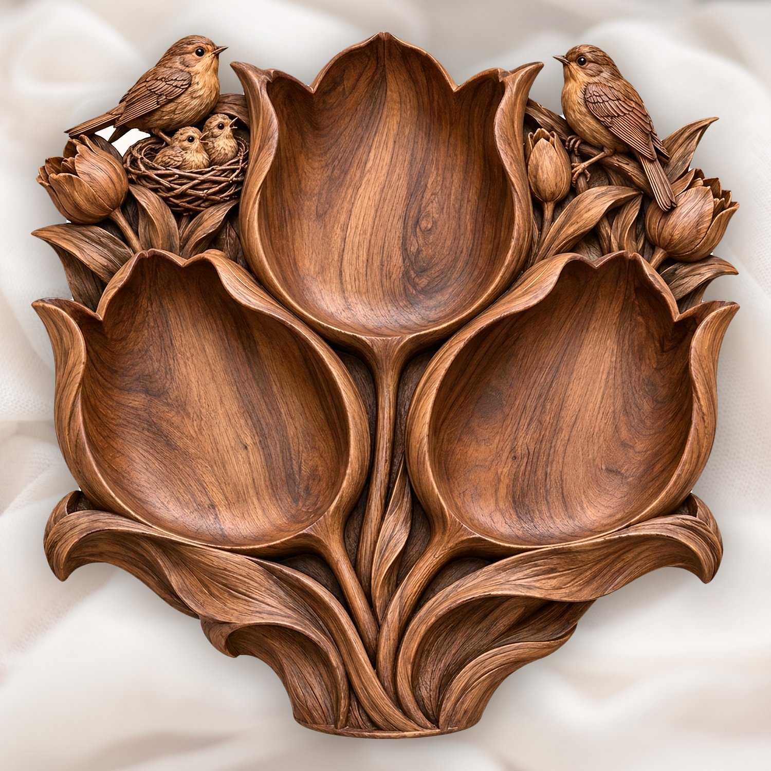 Three Bloom Tulip Bird Nest CNC Relief STL | Walnut Serving Tray Desig