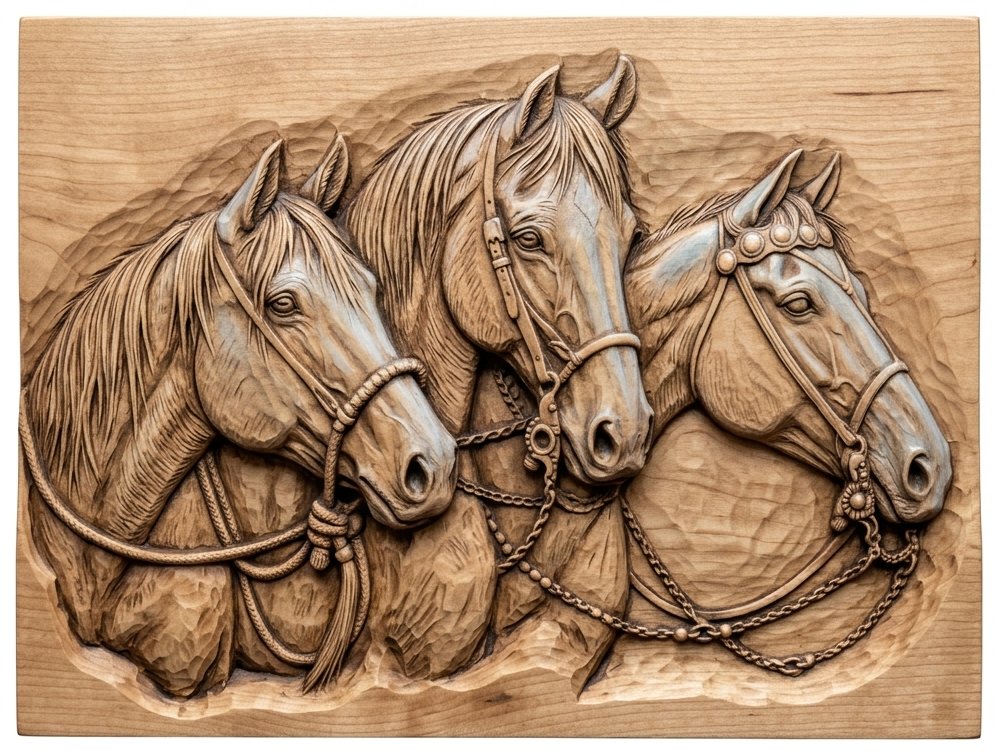 Three Majestic Horses Equestrian Wall Art CNC Relief STL bas-relief STL design