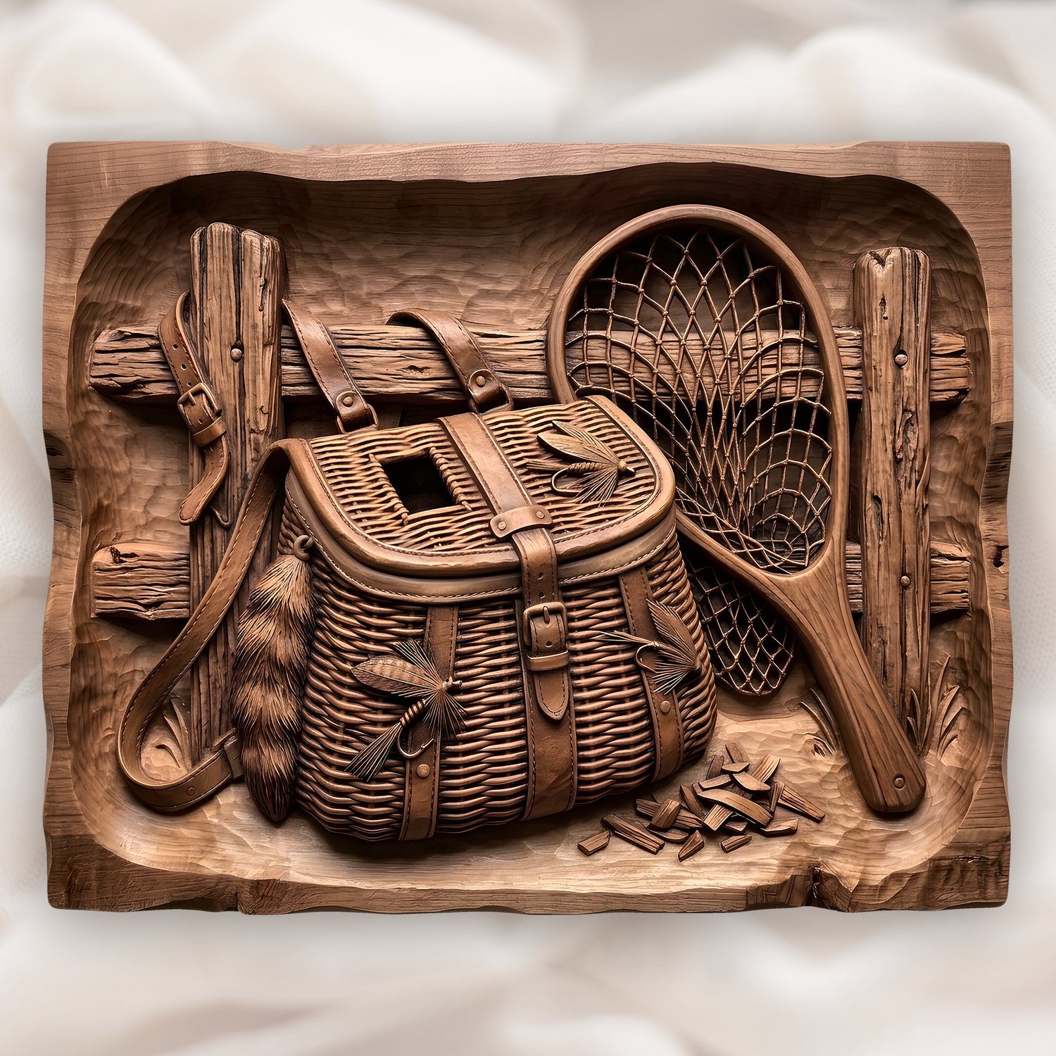 Traditional Fly Fishing Creel and Net CNC Relief STL