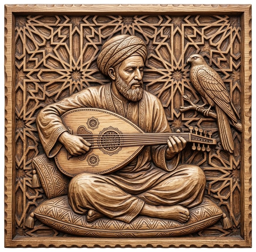 Traditional Oud Player and Falcon CNC Relief STL bas-relief STL design