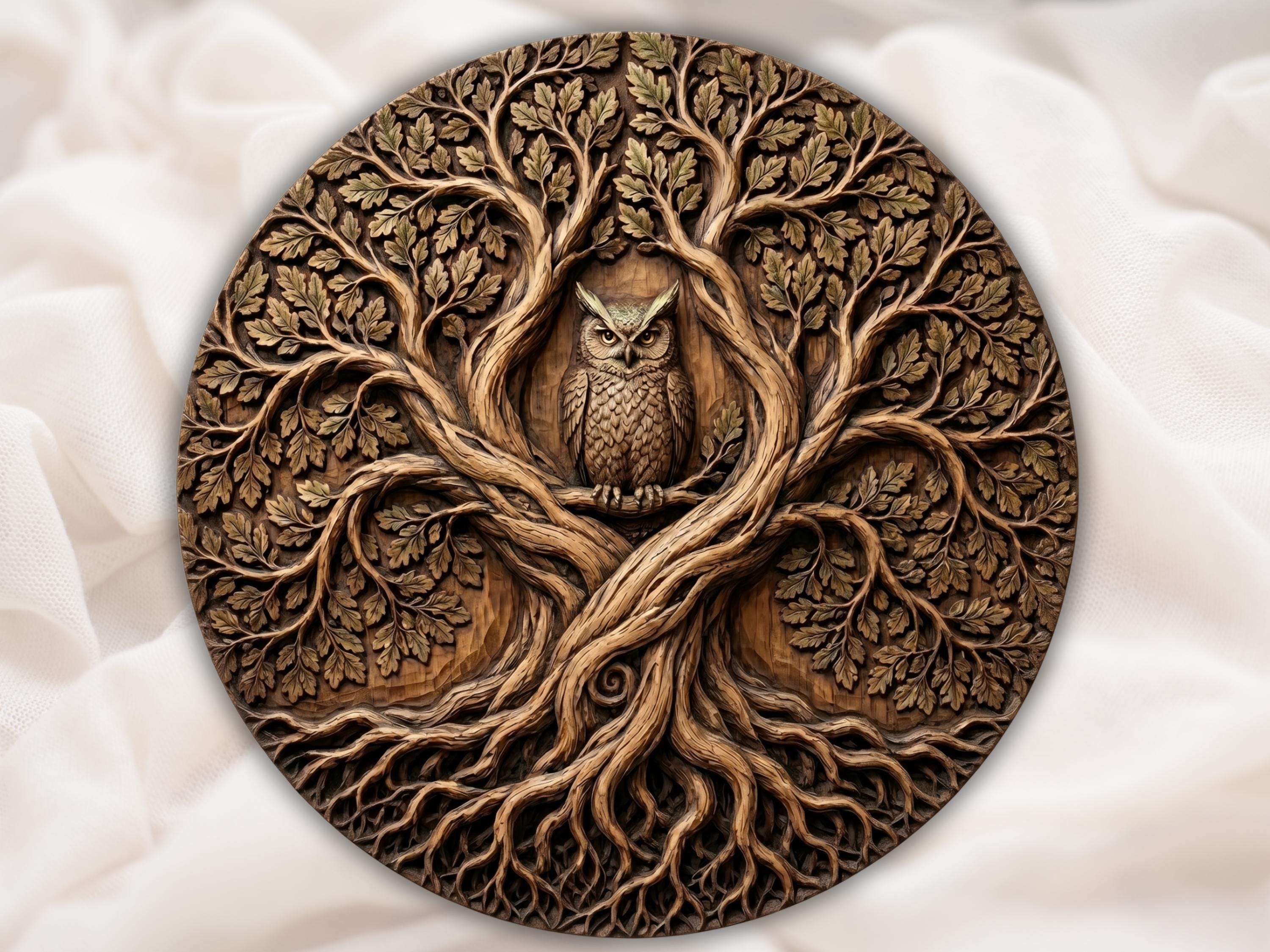 Owl in the Tree of Life Round Bas-Relief STL Carving bas-relief STL design