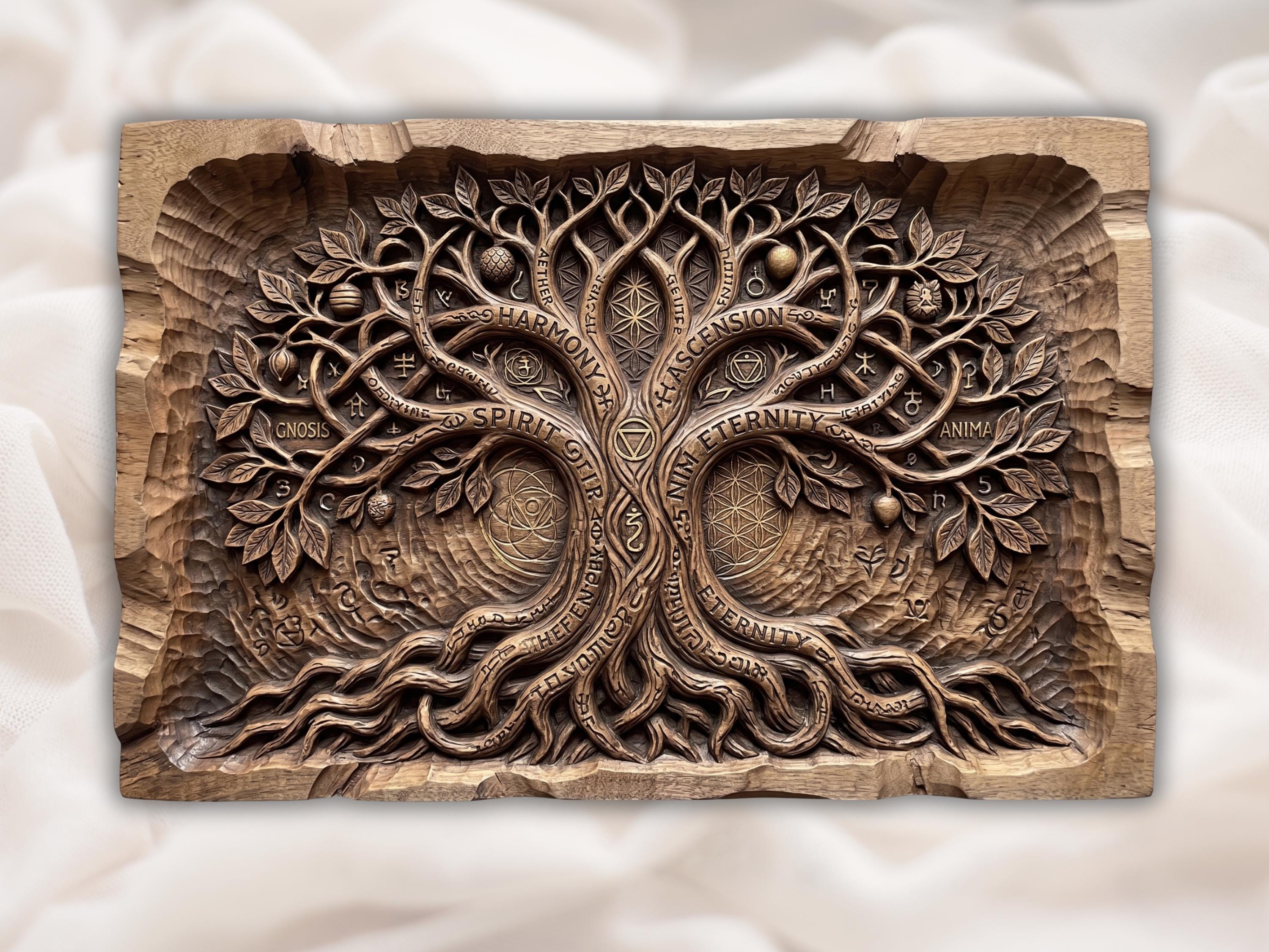 Tree of Life Sacred Geometry Relief with Mystic Word Bands bas-relief STL design