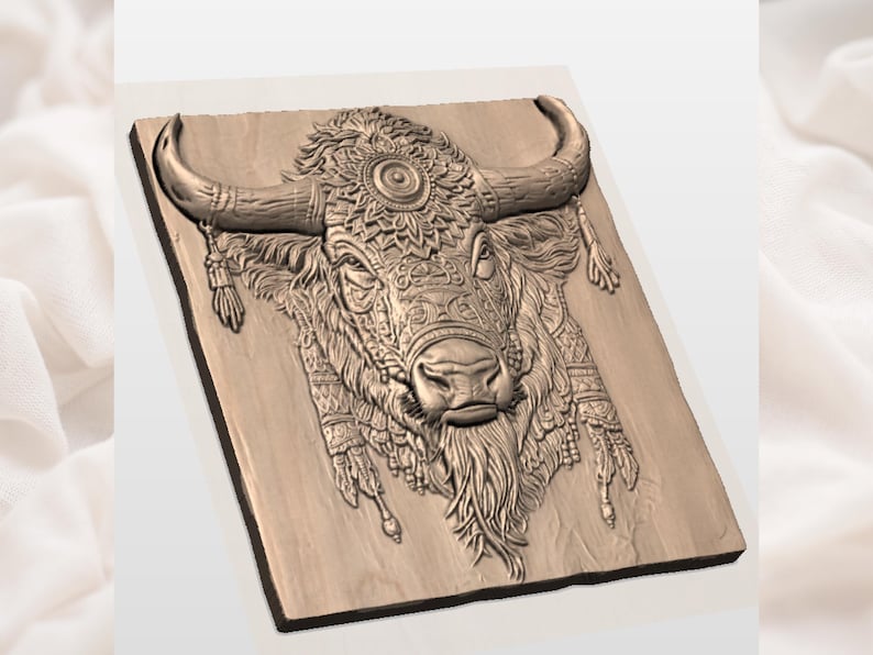 Tribal Buffalo Head 3D Relief STL view 3