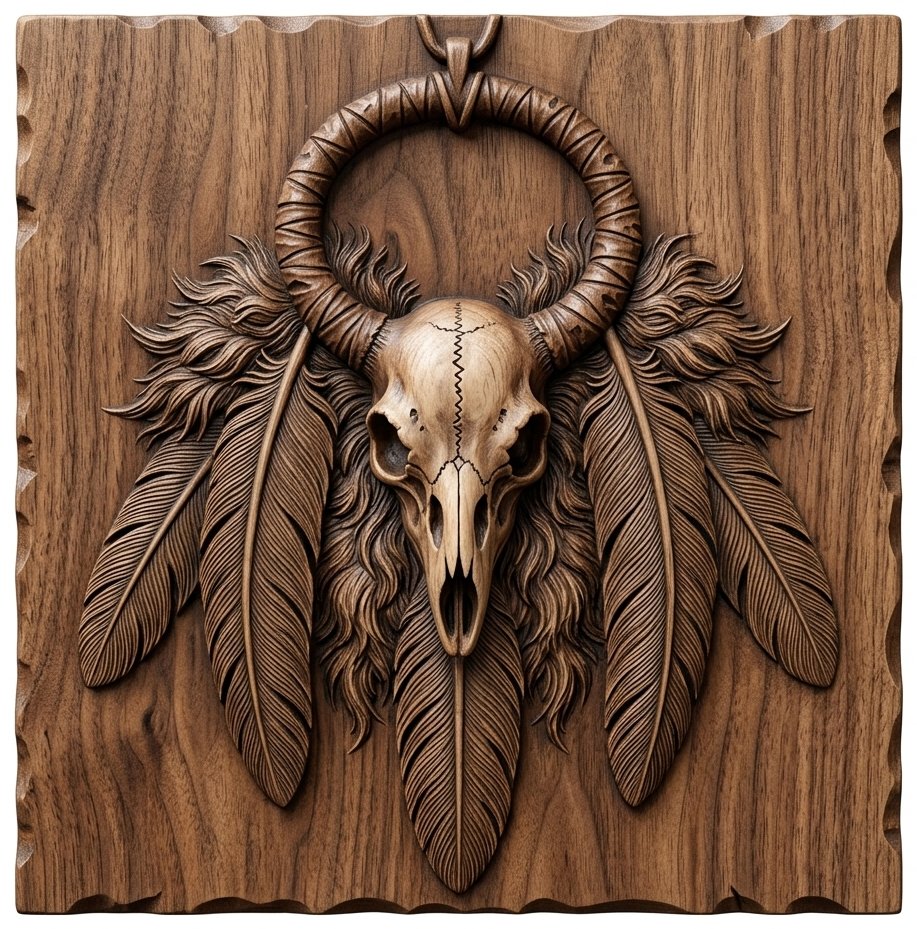 Tribal Shaman Skull and Feathers CNC Relief STL bas-relief STL design