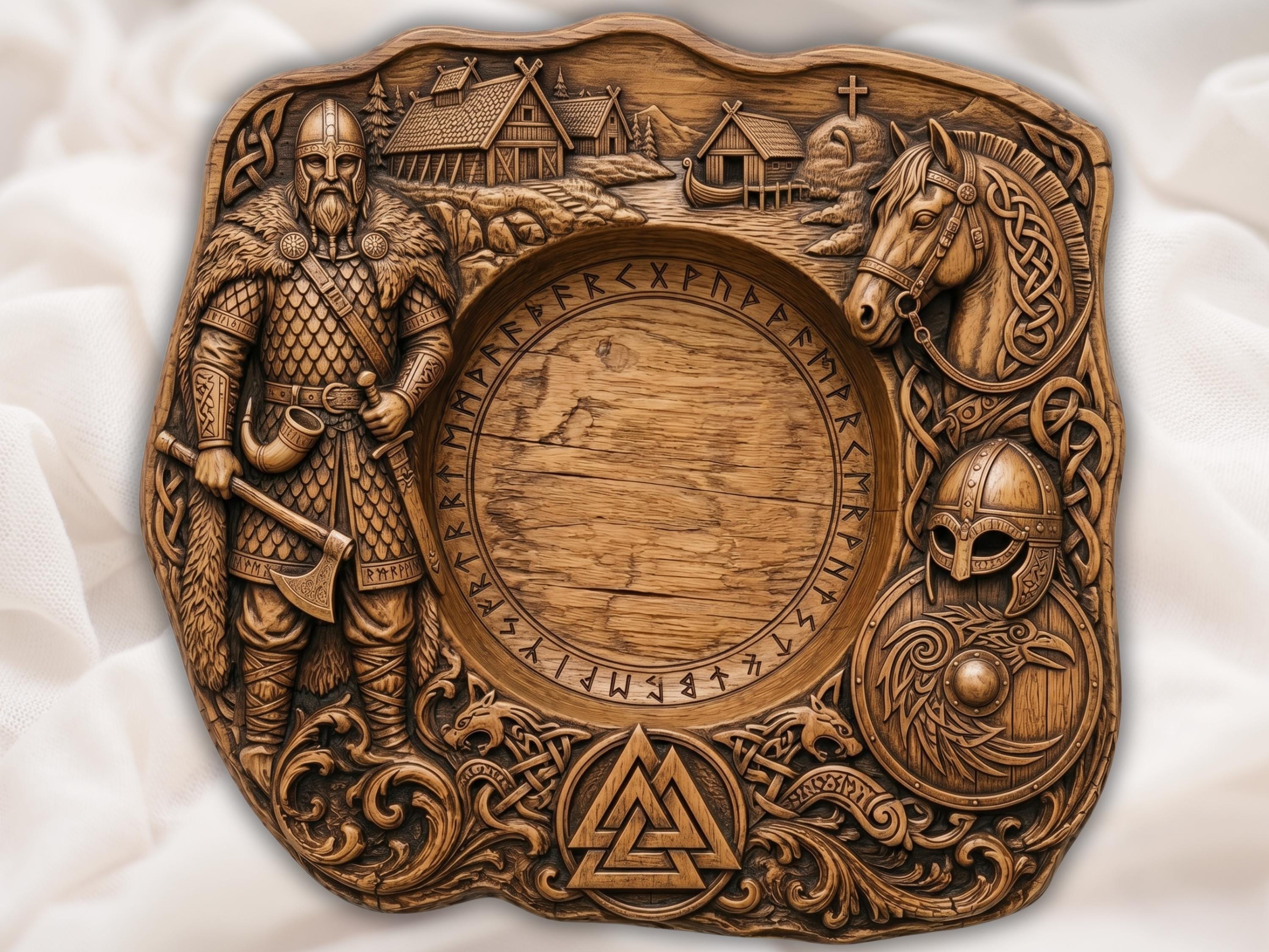 Viking Village Serving Platter with Runes and Valknut Relief bas-relief STL design