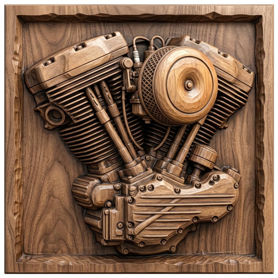 Vintage V-Twin Motorcycle Engine Wall Art bas-relief STL design