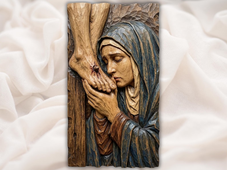 Virgin Mary Kissing Jesus Feet 3D Relief STL bas-relief STL