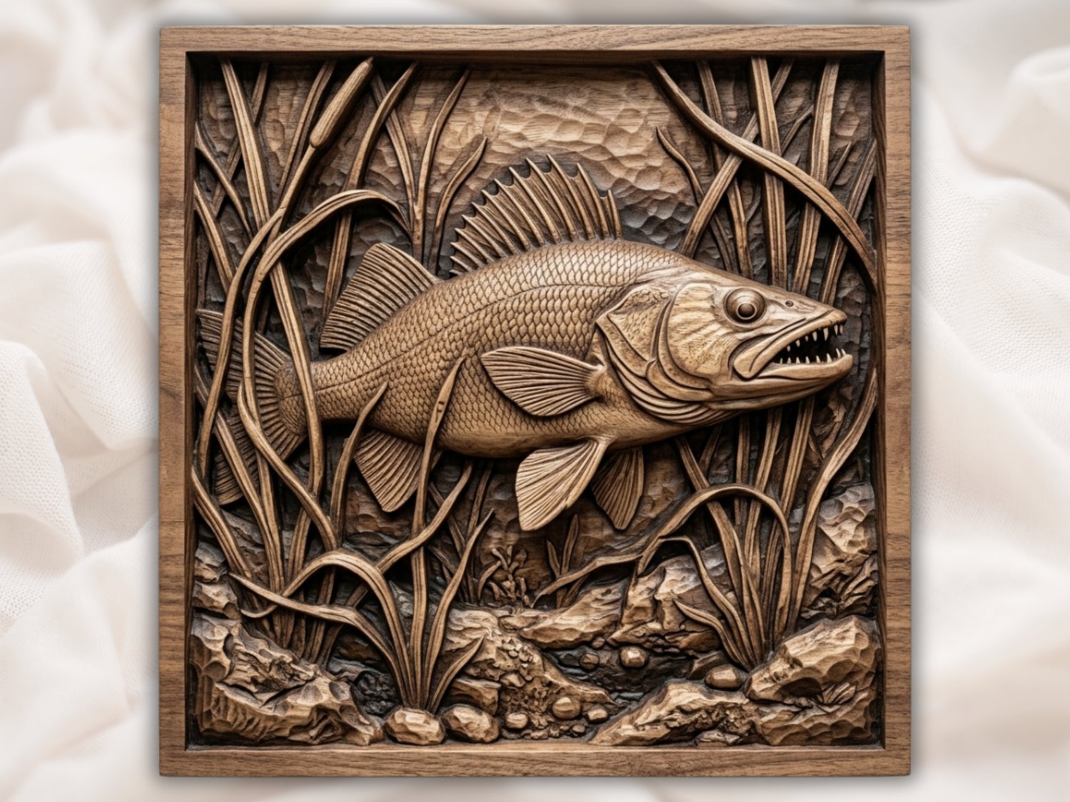 Walleye Fish In Reeds Wildlife Scene CNC Relief STL
