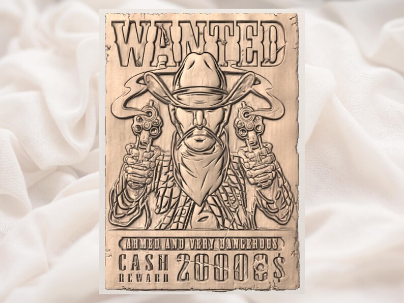Wanted Poster Outlaw 3D Relief STL view 3