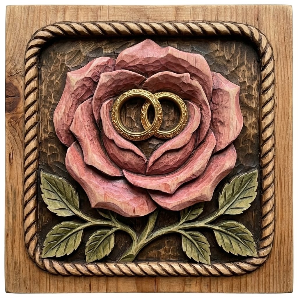 Wedding Anniversary Rose Wall Art | Intertwined Rings Decor Panel | Romantic Floral Wood Carving | Forever Love Keepsake Design — carved bas relief STL file for CNC