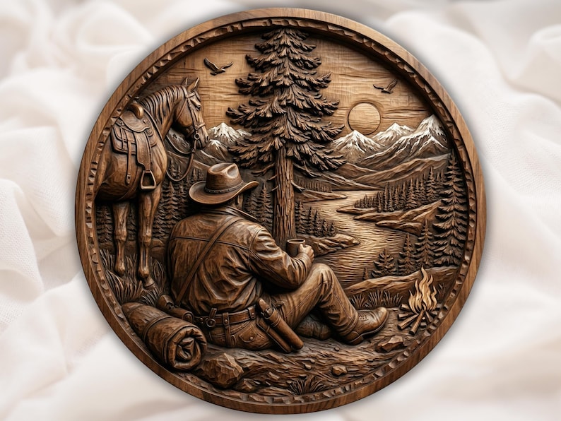 Western Cowboy and Horse 3D Relief STL bas-relief STL